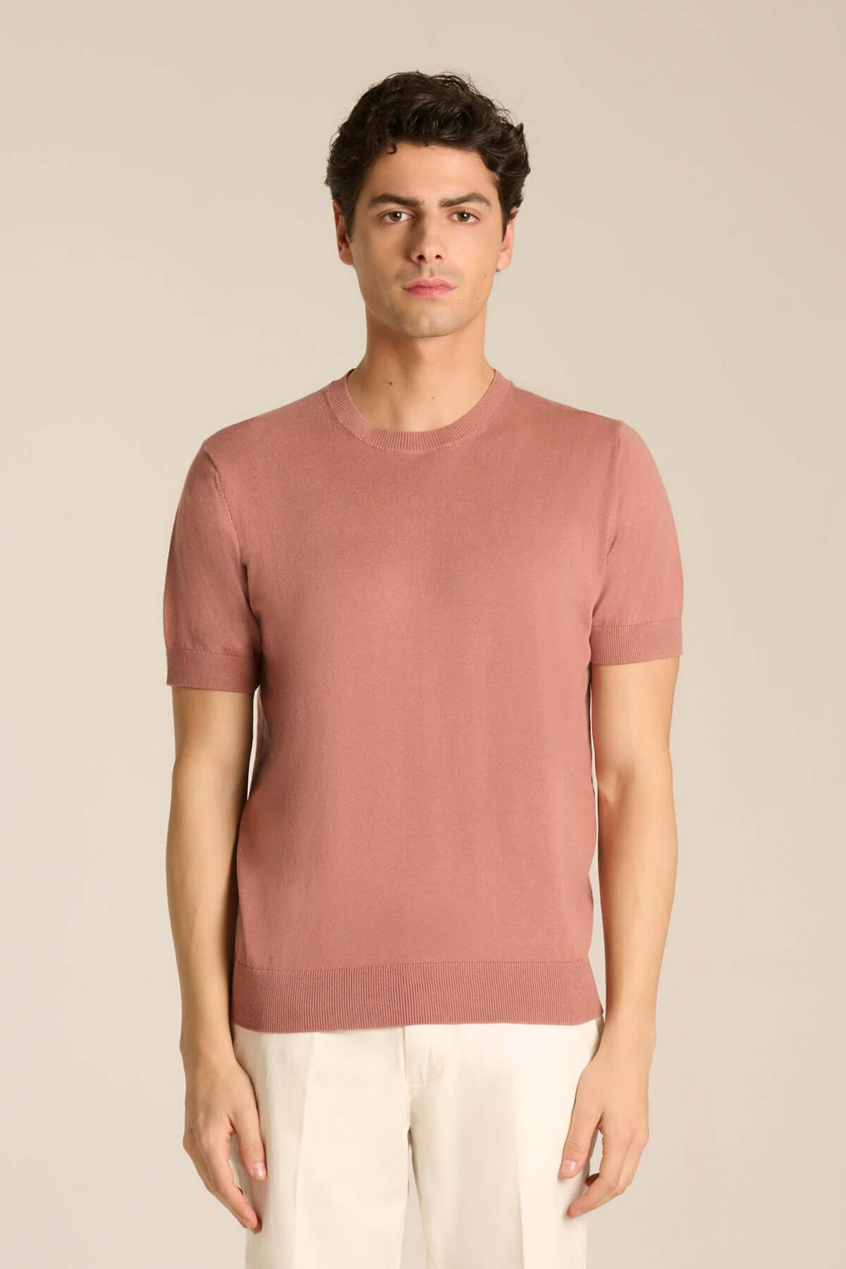 Girocollo in filo mezza manica  rosa taupe